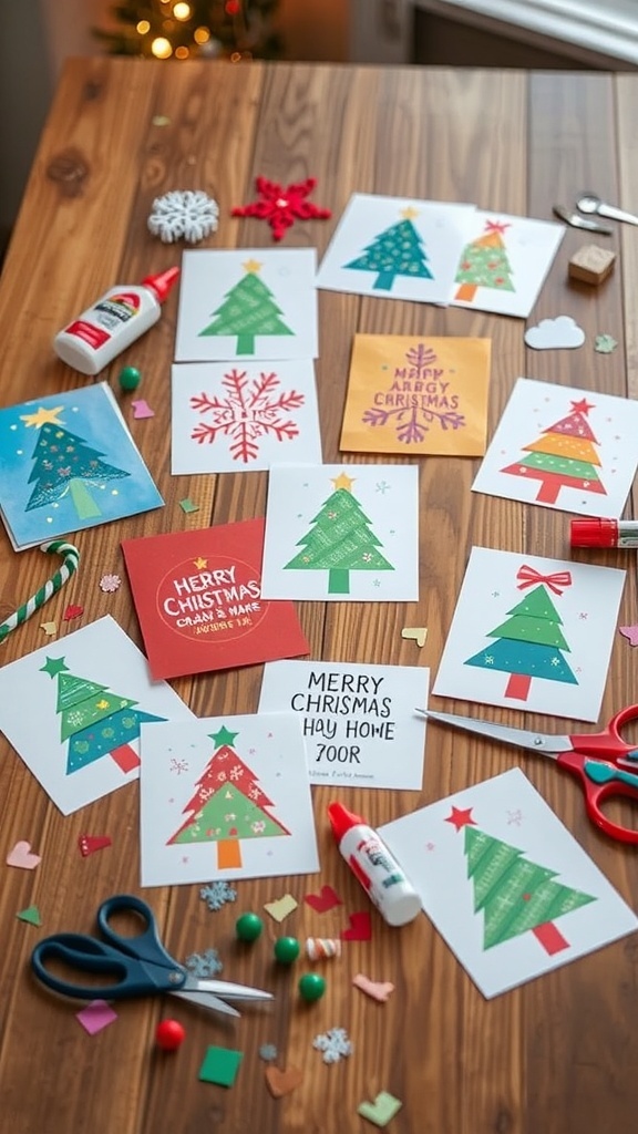 Handmade Christmas cards with festive designs on a crafting table.